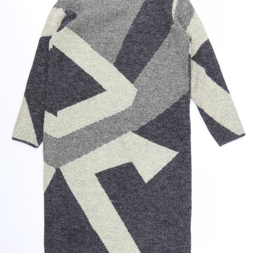 Anonymous Women Grey Geometric Knit Open Cardigan M