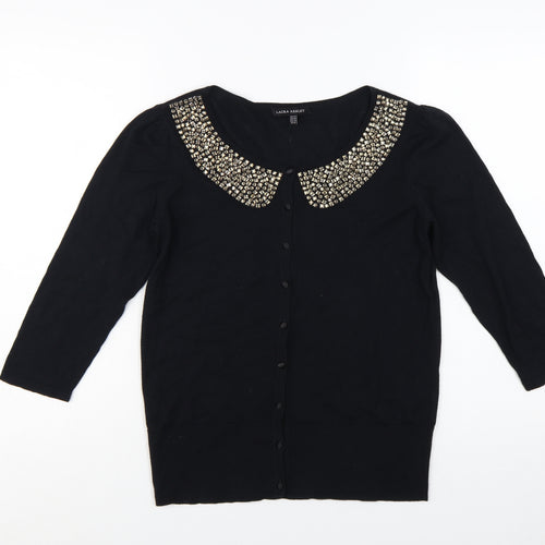 Laura Ashley Women's Black Beaded Collar 3/4 Sleeve Cardigan Size 14