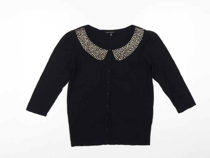Laura Ashley Women's Black Beaded Collar 3/4 Sleeve Cardigan Size 14