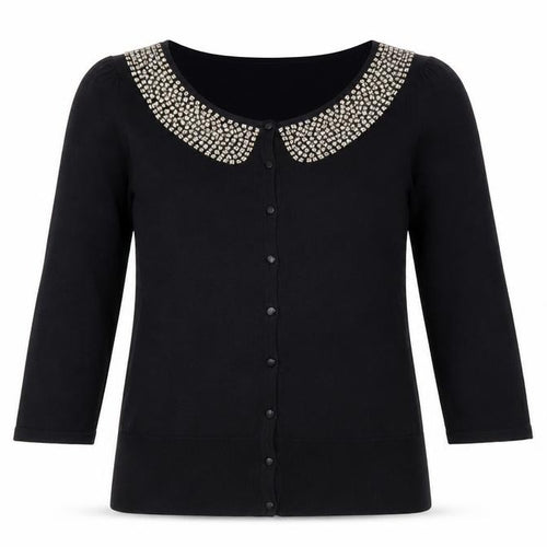 Laura Ashley Women's Black Beaded Collar 3/4 Sleeve Cardigan Size 14