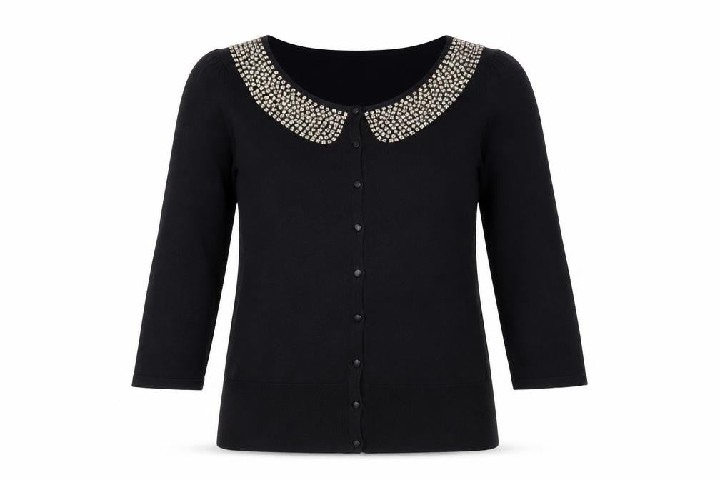 Laura Ashley Women's Black Beaded Collar 3/4 Sleeve Cardigan Size 14