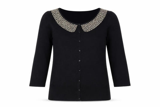 Front view of Laura Ashley Women's Black Beaded Collar 3/4 Sleeve Cardigan, size 14