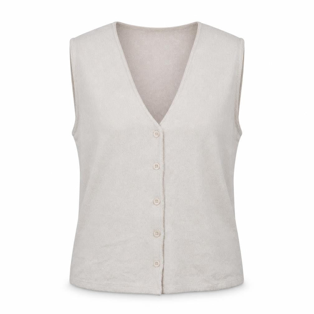 Front view of ASOS DESIGN Women’s Beige Sleeveless V-Neck Button Blouse, size S