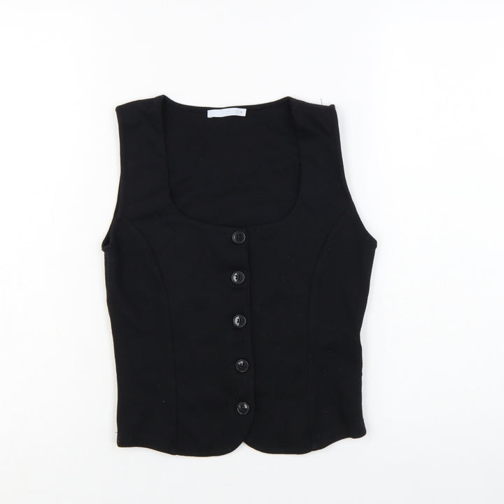 Zara Women Black Cropped Button Blouse Sleeveless S