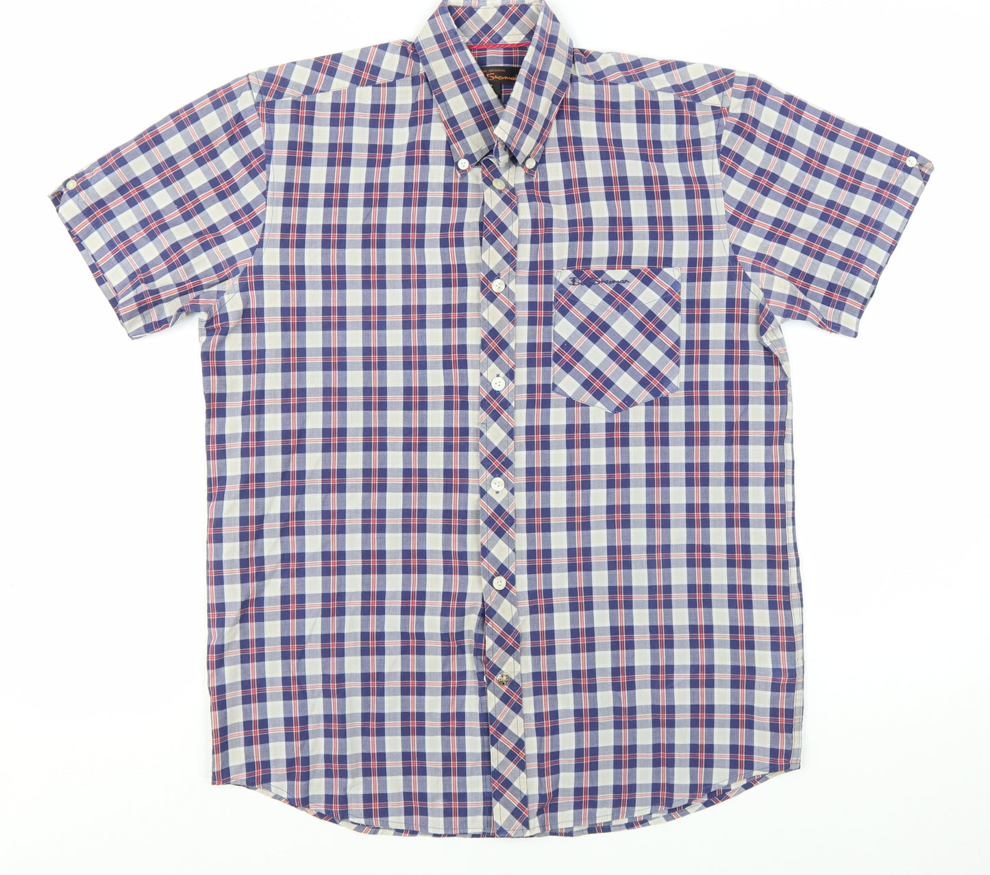 Ben Sherman Men's Blue Checked Short Sleeve Button-Up Shirt Size S