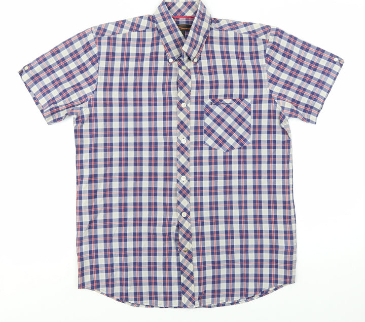 Ben Sherman Men's Blue Checked Short Sleeve Button-Up Shirt Size S