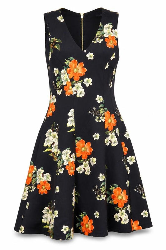 Front view of Guess Women's Black Floral Fit & Flare Sleeveless Dress M