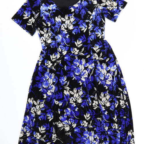 Julipa Women Blue Floral Velvet A-Line Dress Size 14 Short Sleeve