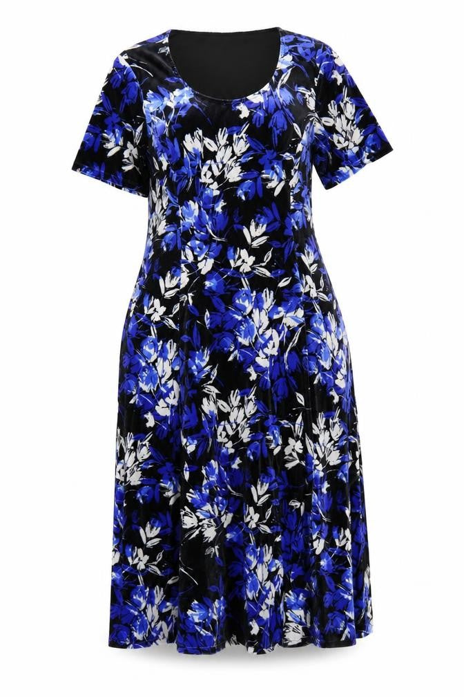 Julipa Women Blue Floral Velvet A-Line Dress Size 14 Short Sleeve