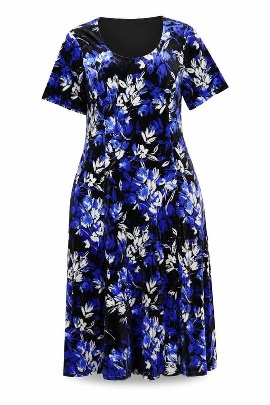 Front view of Julipa Women Blue Floral Velvet A-Line Dress, size 14, Short Sleeve