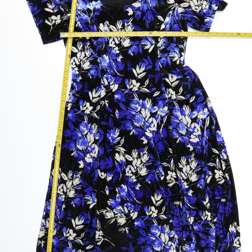 Julipa Women Blue Floral Velvet A-Line Dress Size 14 Short Sleeve