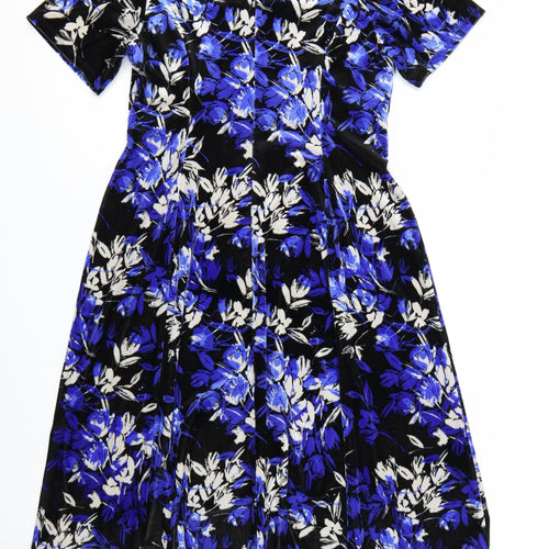 Julipa Women Blue Floral Velvet A-Line Dress Size 14 Short Sleeve