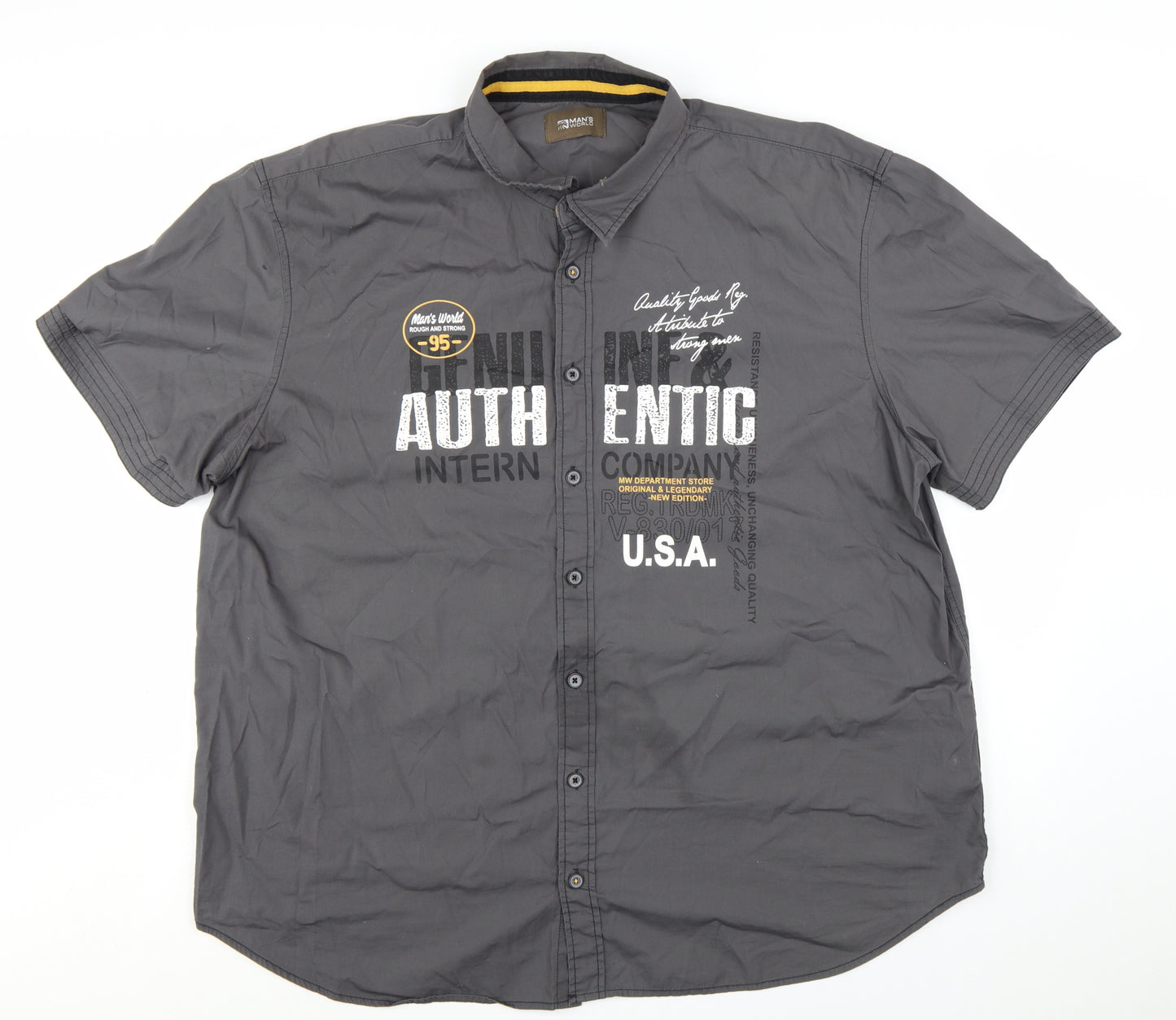 Man's World Men's Grey 4XL Short Sleeve Graphic Cotton Button-Up Shirt