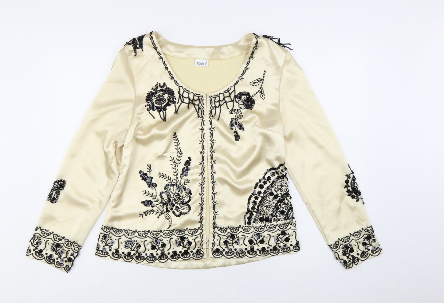Together Women's Beige Beaded Embroidered Satin Blouse Size 14