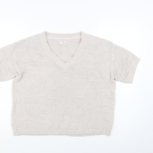 Fat Face Women Beige V-Neck Short Sleeve Knit Cotton Linen Jumper S