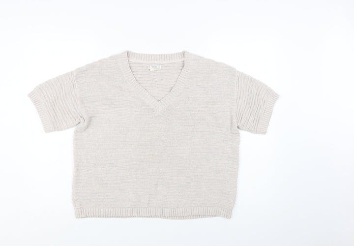 Fat Face Women Beige V-Neck Short Sleeve Knit Cotton Linen Jumper S