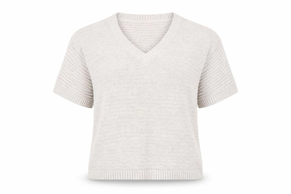 Fat Face Women Beige V-Neck Short Sleeve Knit Cotton Linen Jumper S