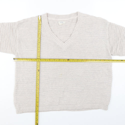 Fat Face Women Beige V-Neck Short Sleeve Knit Cotton Linen Jumper S