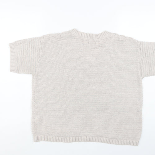 Fat Face Women Beige V-Neck Short Sleeve Knit Cotton Linen Jumper S