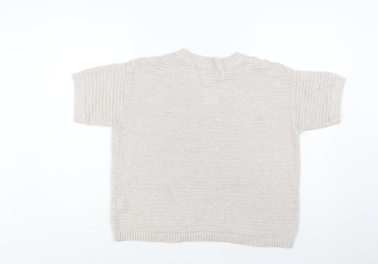 Fat Face Women Beige V-Neck Short Sleeve Knit Cotton Linen Jumper S