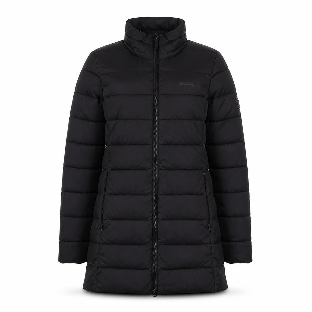 Front view of Regatta women’s black long puffer coat, size UK 8, water resistant