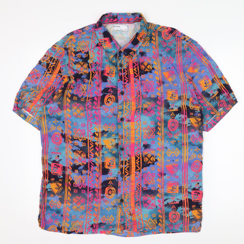 Bershka Men’s Multicoloured Aztec Short Sleeve Retro Viscose Shirt M