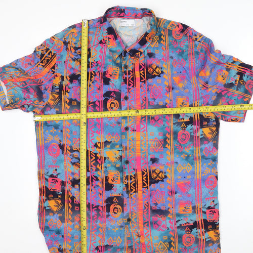 Bershka Men’s Multicoloured Aztec Short Sleeve Retro Viscose Shirt M