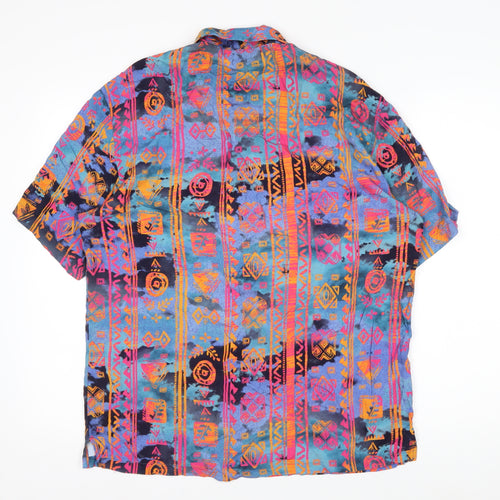 Bershka Men’s Multicoloured Aztec Short Sleeve Retro Viscose Shirt M