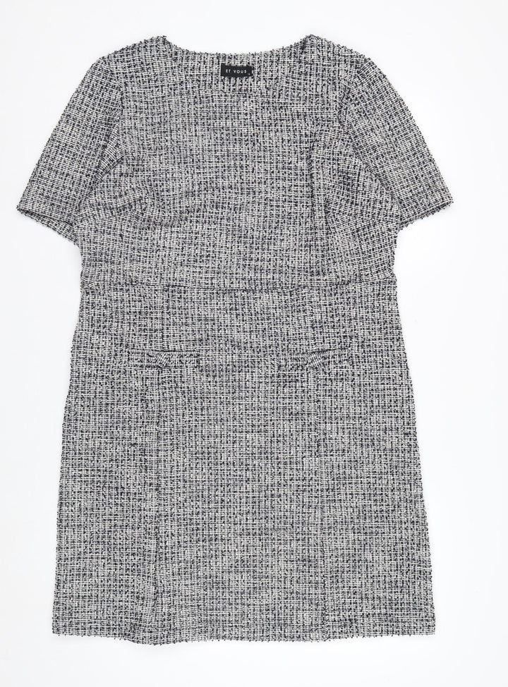 ET VOUS Women’s Grey Shift Dress Size 14 Tweed Workwear Short Sleeve