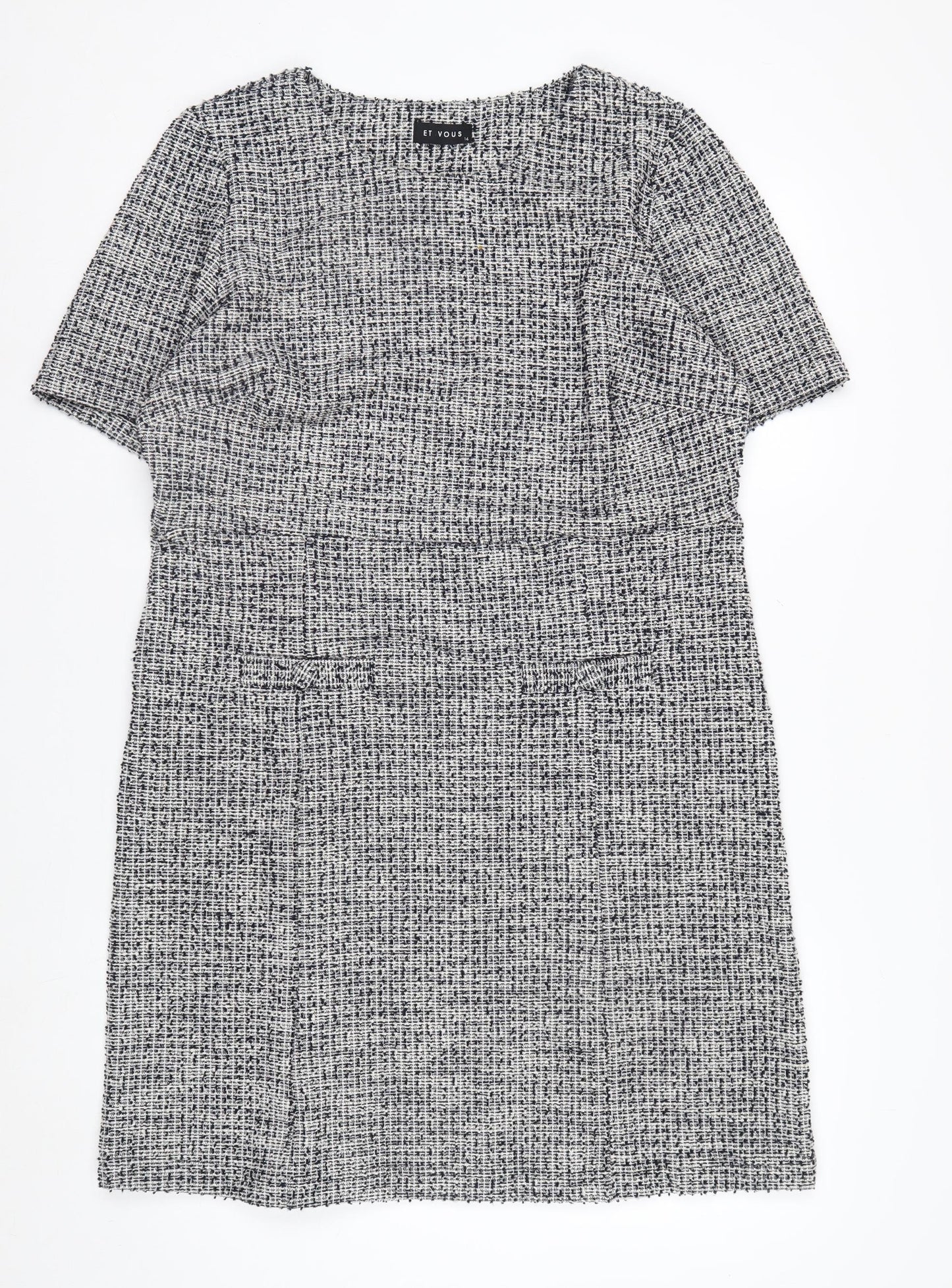 ET VOUS Women’s Grey Shift Dress Size 14 Tweed Workwear Short Sleeve