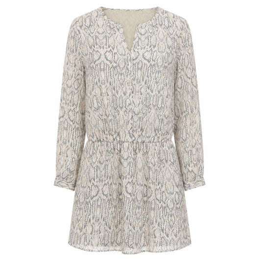 Front view of Mango Collection Women Beige Snake Print Short Shift Dress, size S