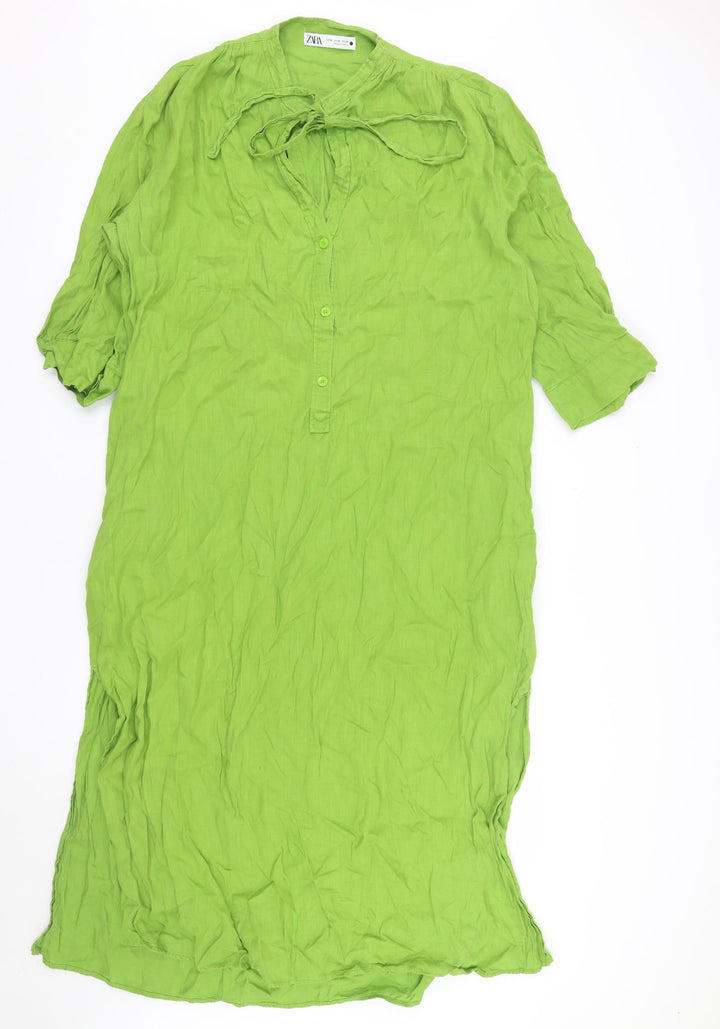 Zara Womens Green Lyocell Shirt Dress XL Half Sleeve