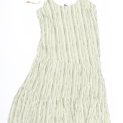 Marks and Spencer Womens Green Striped Linen Blend Midi A-Line Summer Dress Size 12