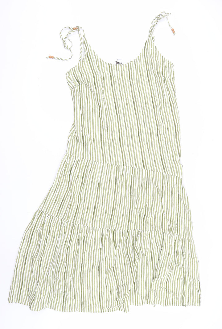 Marks and Spencer Womens Green Striped Linen Blend Midi A-Line Summer Dress Size 12