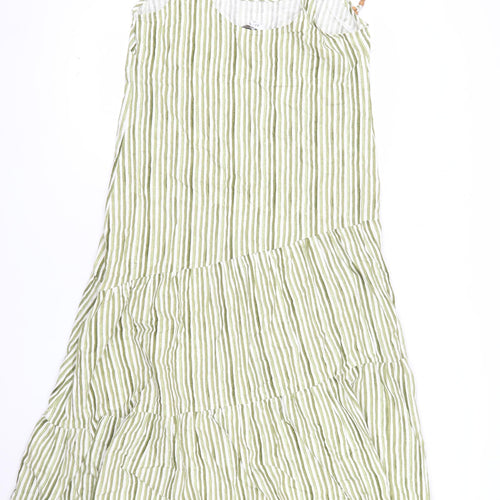 Marks and Spencer Womens Green Striped Linen Blend Midi A-Line Summer Dress Size 12