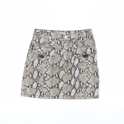 Topshop Womens Beige Snake Print Mini Skirt UK 8 Cotton Denim