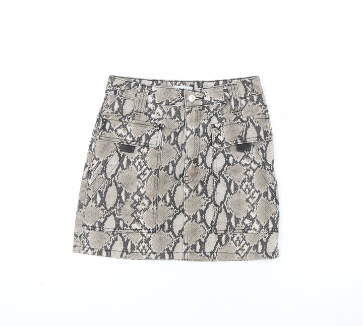 Topshop Womens Beige Snake Print Mini Skirt UK 8 Cotton Denim