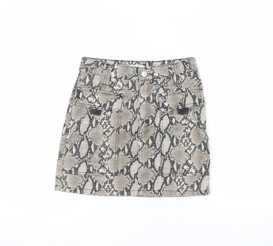 Topshop Womens Beige Snake Print Mini Skirt UK 8 Cotton Denim