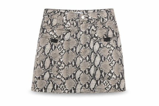 Front view of Topshop women’s beige snake print mini skirt uk 8 cotton denim