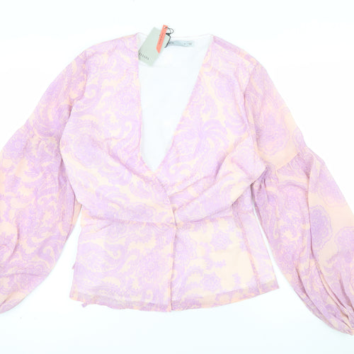 Oasis Women’s Multicoloured Wrap Blouse UK 14 Balloon Sleeve Chiffon