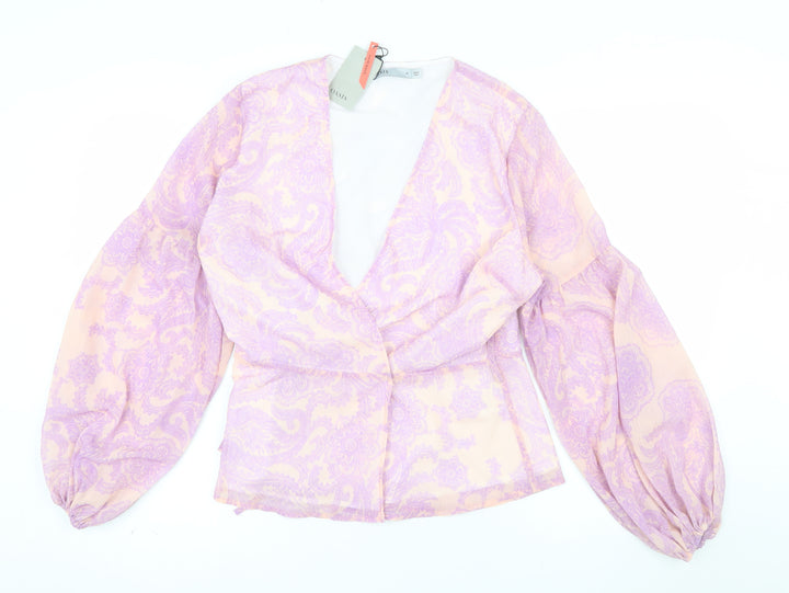 Oasis Women’s Multicoloured Wrap Blouse UK 14 Balloon Sleeve Chiffon