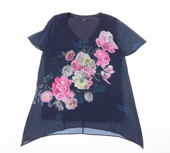 Roman Women's Blue Floral Chiffon Tunic Blouse Size 10