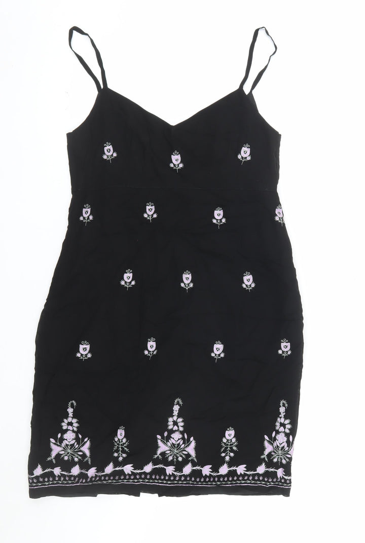 Oasis Women Black Floral Embroidered Slip Dress Size 14