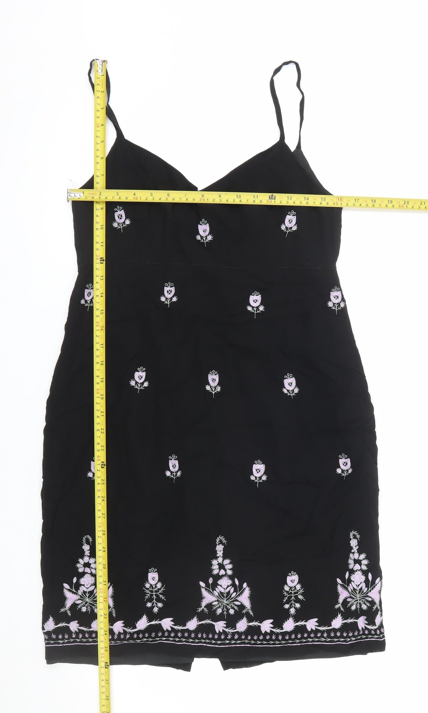 Oasis Women Black Floral Embroidered Slip Dress Size 14