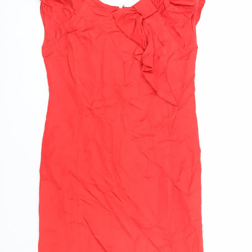 Oasis Women’s Red Knee Length Shift Dress Size 10 Puff Sleeve Bow Detail