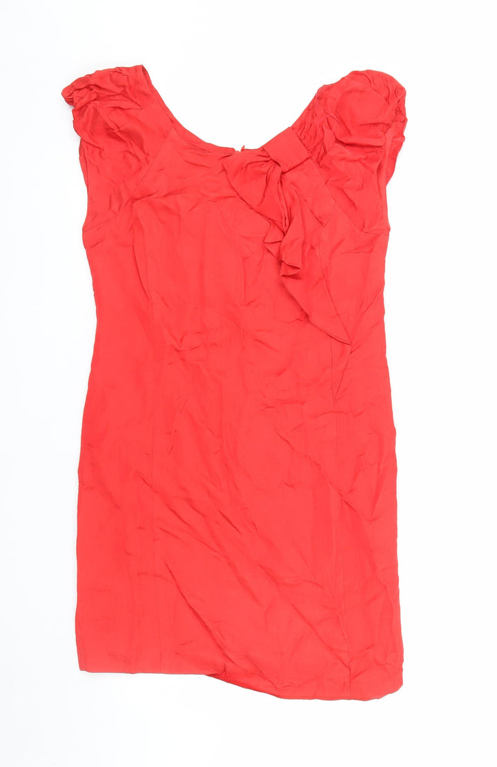 Oasis Women’s Red Knee Length Shift Dress Size 10 Puff Sleeve Bow Detail