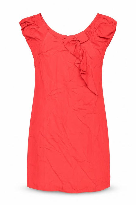 Front view of Oasis Women’s Red Knee Length Shift Dress, size UK 10, Puff Sleeve Bow Detail