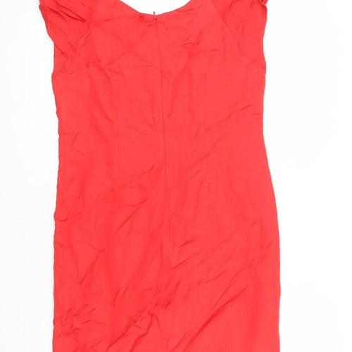 Oasis Women’s Red Knee Length Shift Dress Size 10 Puff Sleeve Bow Detail