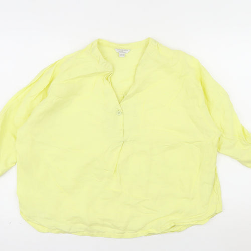 Monsoon Women Yellow Linen Tunic Blouse Size 14 V-Neck Lightweight