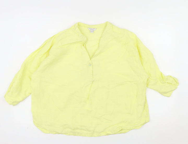 Monsoon Women Yellow Linen Tunic Blouse Size 14 V-Neck Lightweight